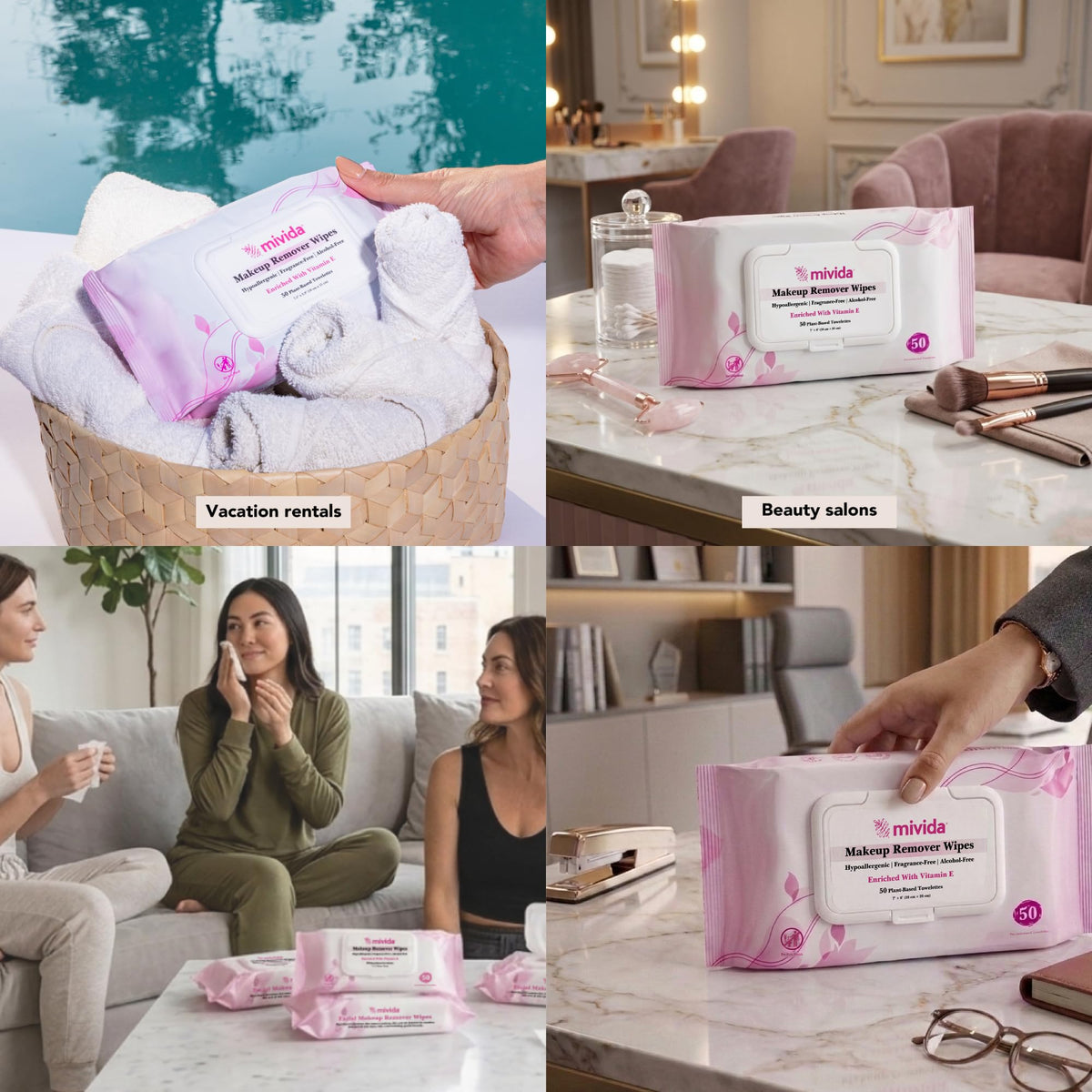mivida Hypoallergenic Makeup Remover Wipes Bulk With Vitamin E, 200 count (4×50) Value Pack, Dermatologist Tested Fragrance Free Makeup Wipes For Sensitive Skin, Alcohol Free Facial Make up Remover