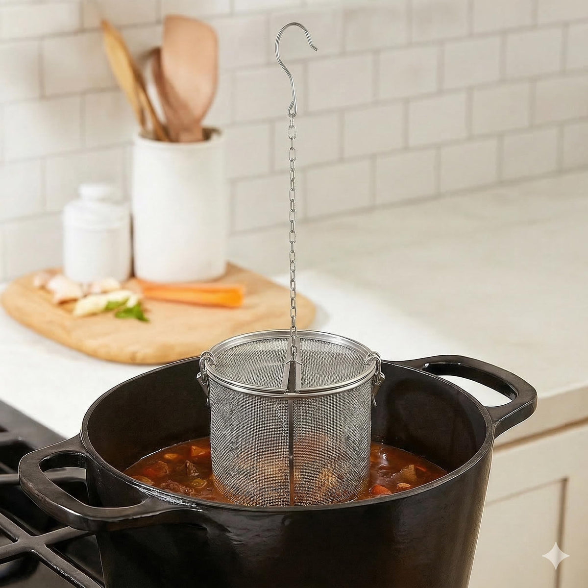 Stainless Steel Seasoning Strainer and Spice Filter, 7 Inch Large Capacity Tea Mesh Infuser Strainer with Extended Chain, Reusable Herb Basket for Soup, Stew, Hot Pot, Broth