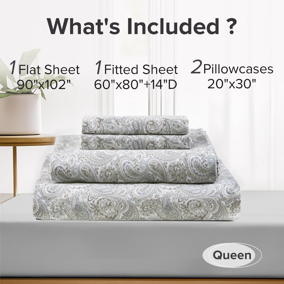 Comfort Spaces 100% Cotton Percale Sheets Queen Size 4 Piece, Paisley Multi