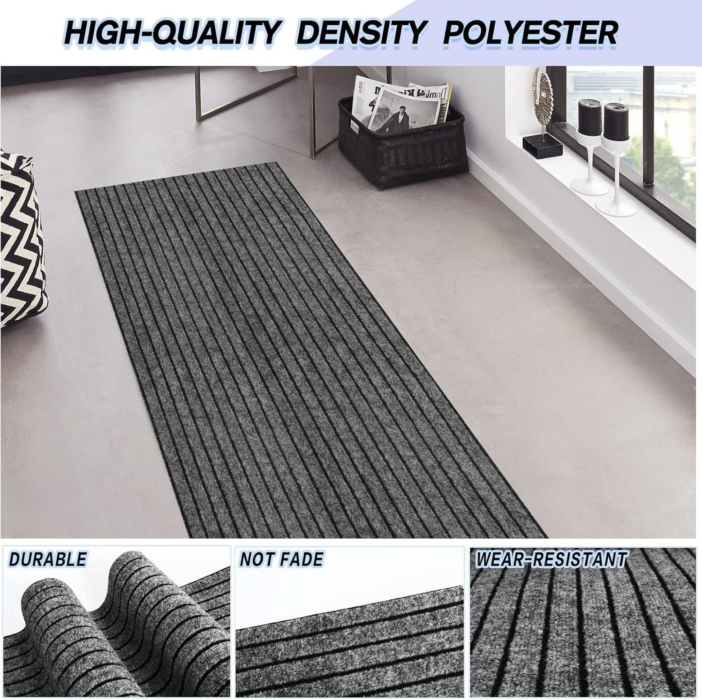 Custom Size Backed Non-Slip Area Rugs Runner, Easy Clean, Waterproof Runner Rugs for Hallway Entryway, Kitchen, Laundry, 3FT x 59FT, Gray Stripe