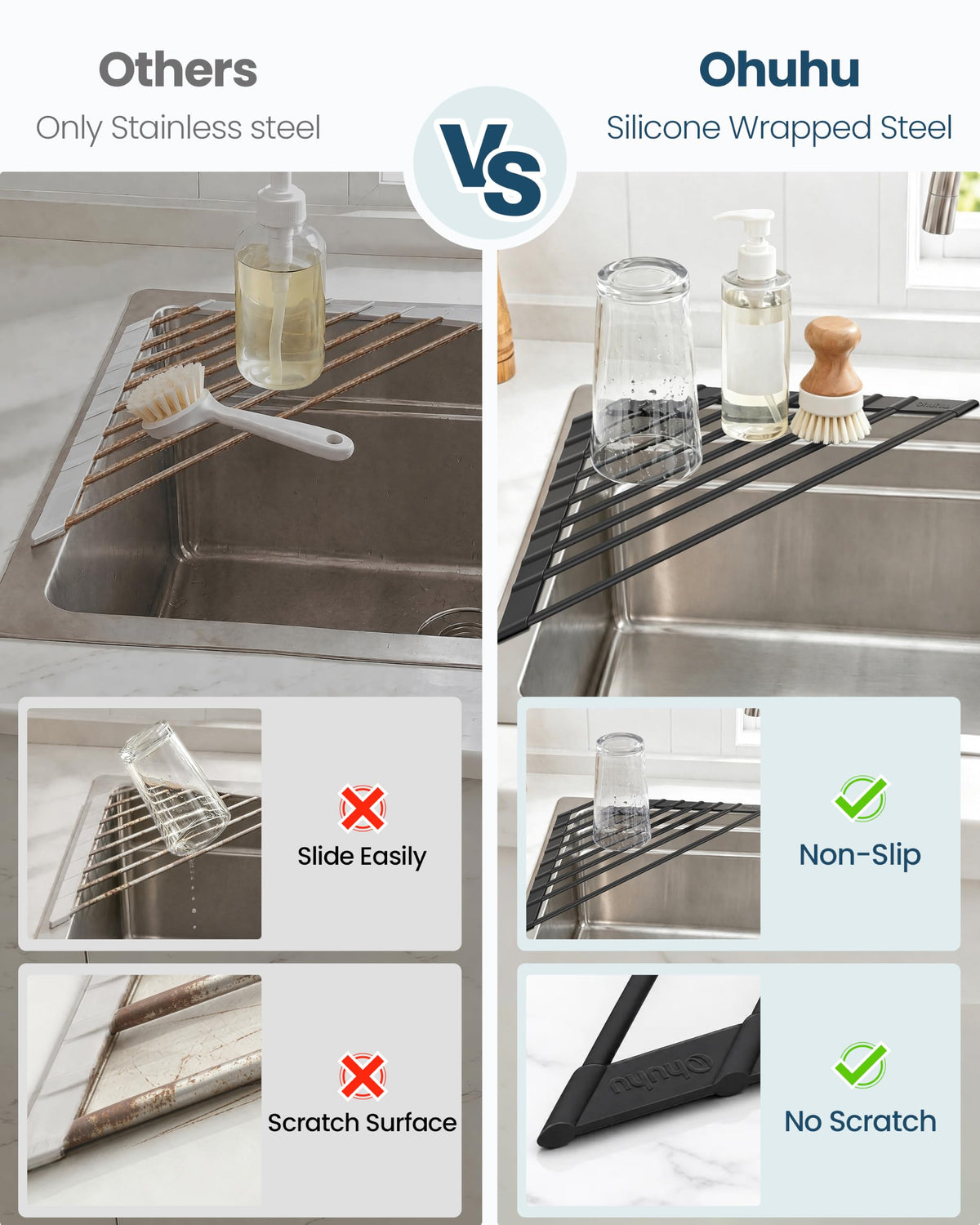 Ohuhu Corner Sink Caddy, Sponge Holder for Kitchen Sink Organizer - Silicone Wrapped Steel Anti Slip Rust Triangle Over the Sink Roll-UP Dish Drying Rack for Sink Corner Kitchen Sink Accessories