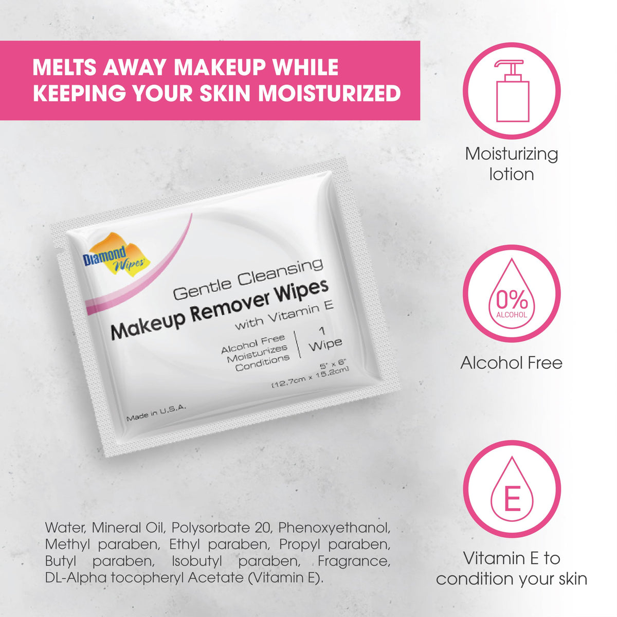 Diamond Wipes Face Cleansing & Waterproof Makeup Remover Wipes, 50 Count