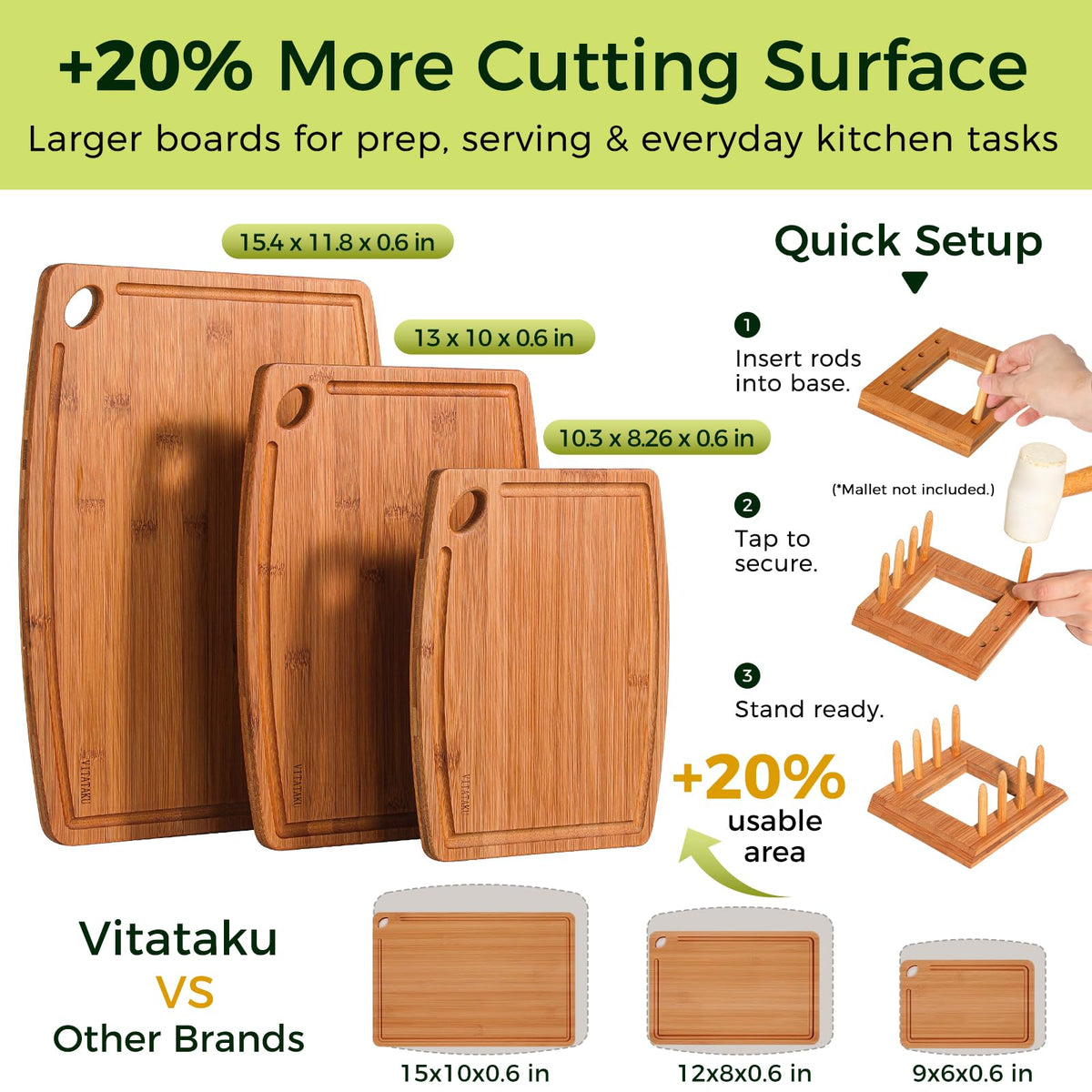 VITATAKU Bamboo Cutting Board Set, Wood Cutting Boards for Kitchen