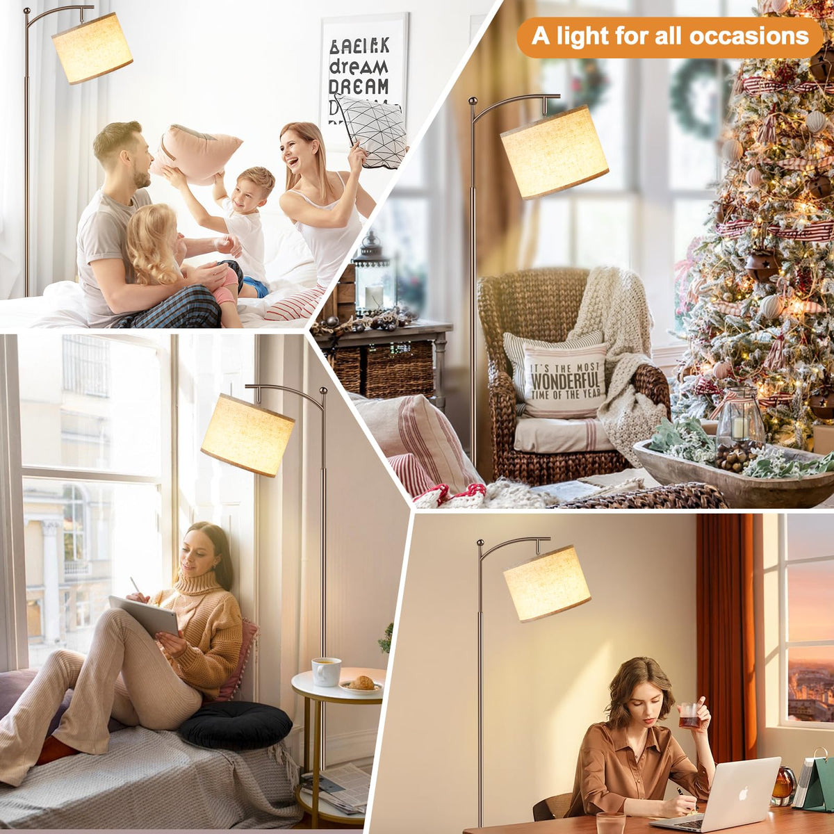 Ambimall 60" Floor Lamp with Remote and Stepless Dimmable Bulb, Brown Pole