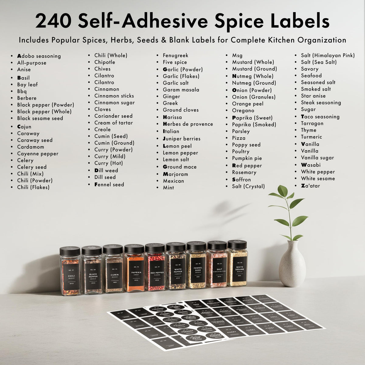 EDELHAUS Glass Spice Jars with Label, Seasoning Set, 36x Black Steel Lids