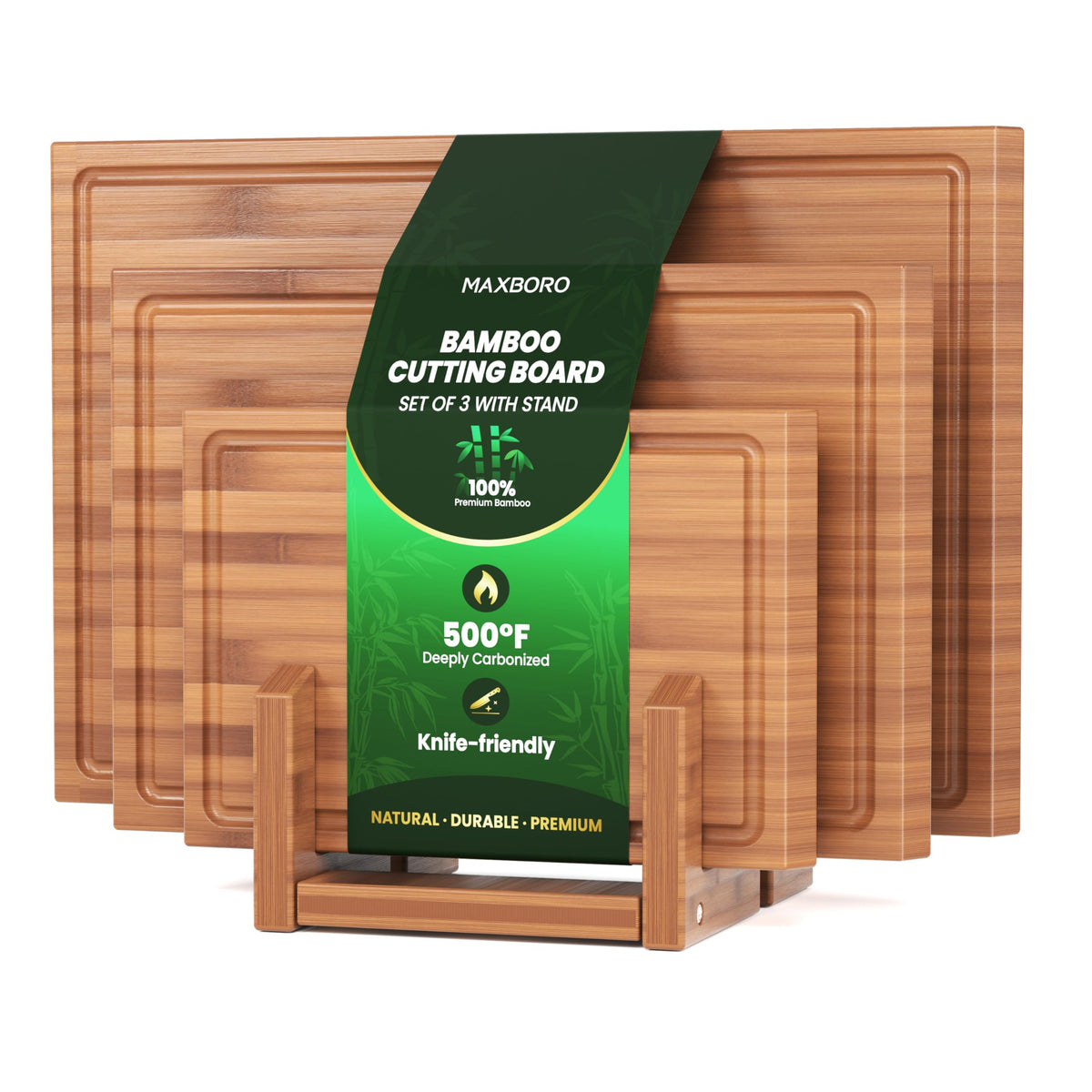 Maxboro Bamboo Cutting Board for Kitchen, Double-Sided with Stand, Brown