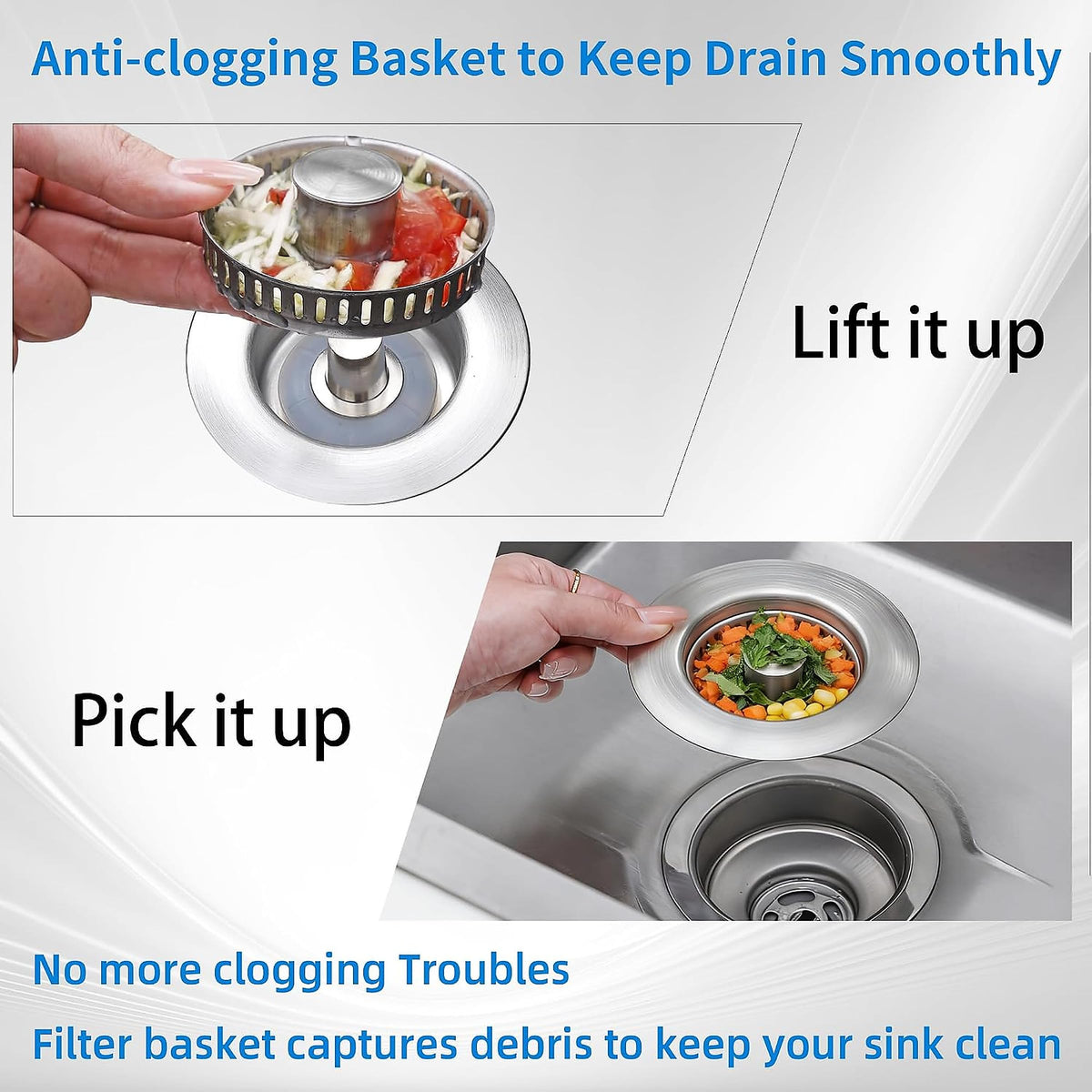 Sink Drain Strainer - Sink Stopper for Kitchen Drain,3 in 1 Kitchen Sink Drain Strainer with Anti Clogging Basket, Easy to Install Kitchen Sink Stopper for US Standard 3-1/2” Drain Hole
