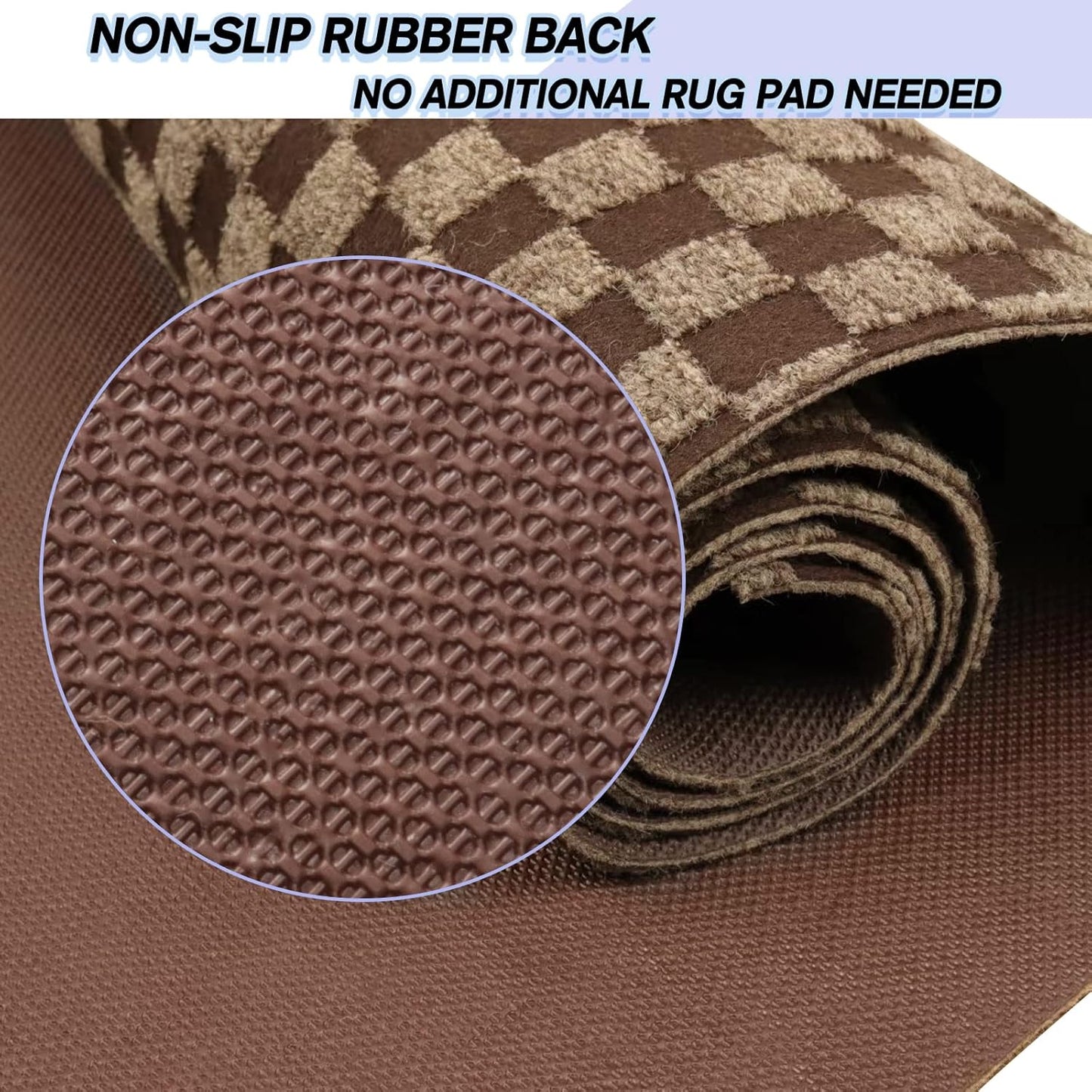 Custom Size Backed Non-Slip Area Rugs Runner, Easy Clean, Waterproof Runner Rugs for Hallway Entryway, Kitchen, Laundry, 2FT x 21FT, Brown Checkered
