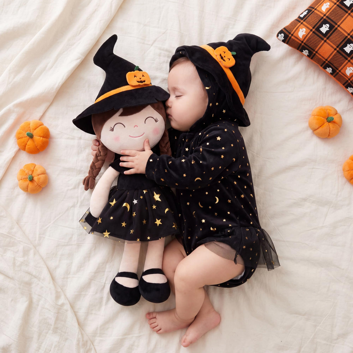 Gloveleya Halloween Soft Plush Toy, Baby Girl Gifts, Witch Doll, Black Dress, 16 Inch