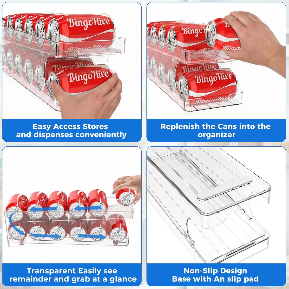 BingoHive 2 Packs FIFO Rolling Soda Can Organizer for Fridge, Holds 24 Cans