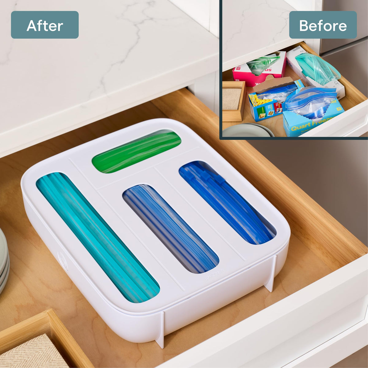 YouCopia StoraBag Drawer Food Bags Dispenser, 4-Slot, Plastic Sandwich Bag Organizer for Kitchen Storage, White