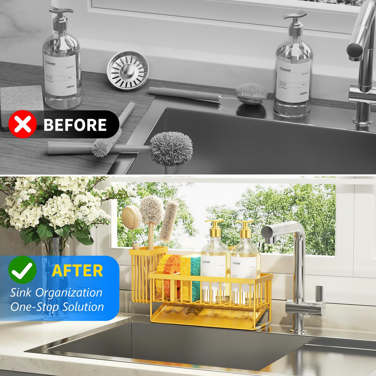Cisily Lemon Yellow Sink Caddy Organzier with High Brush Holder, Sponge Holder for Sink, 304 Rustproof Stainless, Kitchen Countertop Soap Dispenser Organizer, Lemon Kitchen Decor and Accessories