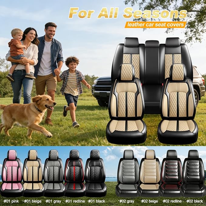Fit Ridgeline Car Seat Covers for Select Honda Ridgeline 2007-2026 - Premium Full Coverage Leather, Airbag Compatible, Waterproof & All Weather Seat Cushion Protector, Full Set, Black+Beige