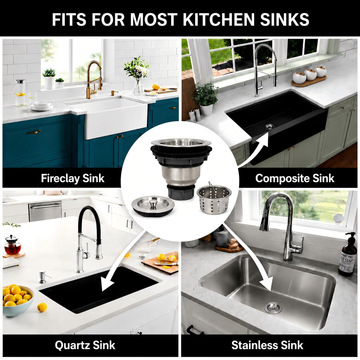 LYNNADO Kitchen Sink Drain Assembly Kit, 3-1/2 Inch Brushed 304 Stainless Steel Basket Strainer with Deep Removable Basket, Stopper & Cover Lid, Fits Standard Kitchen Sinks