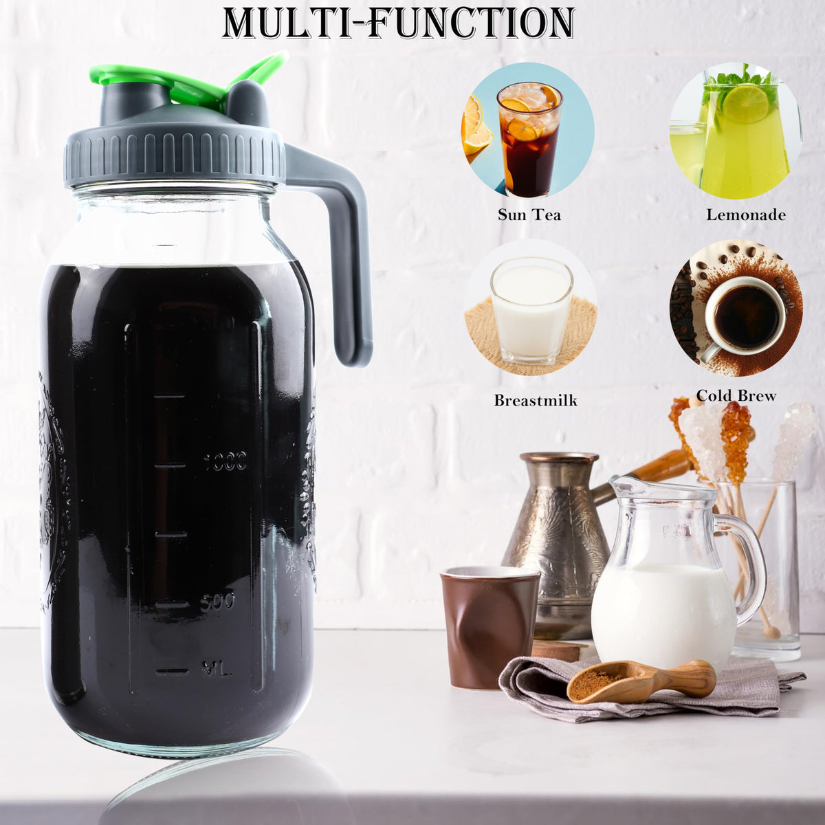 Cold Brew Coffee Maker 64 Oz Mason Jar Iced Tea Pitcher With Strainer 2 Set Half Gallon Glass Pitcher With Spout Lid 2 Quar Water Jug For Fridge Beverage, Sun Tea, Hot Cold Brew, Lemonade, Juice