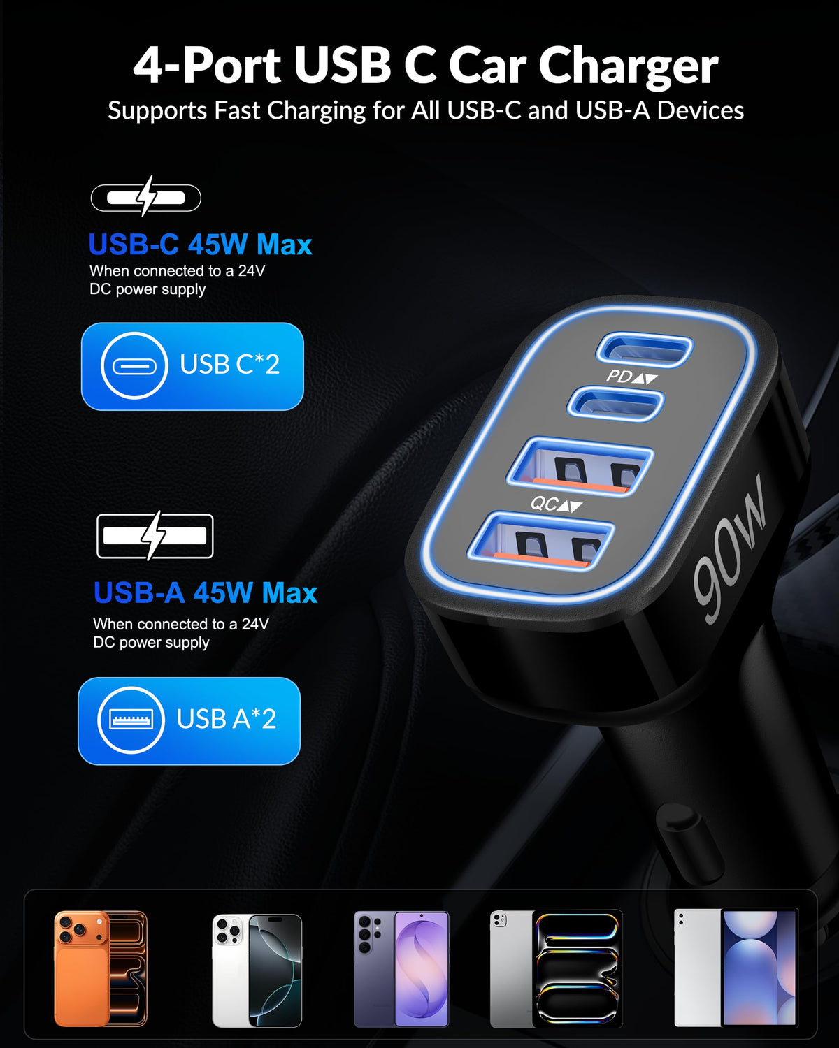 USB C Car Charger, 4-Port 90W Type C Super Fast Cigarette Lighter Adapter