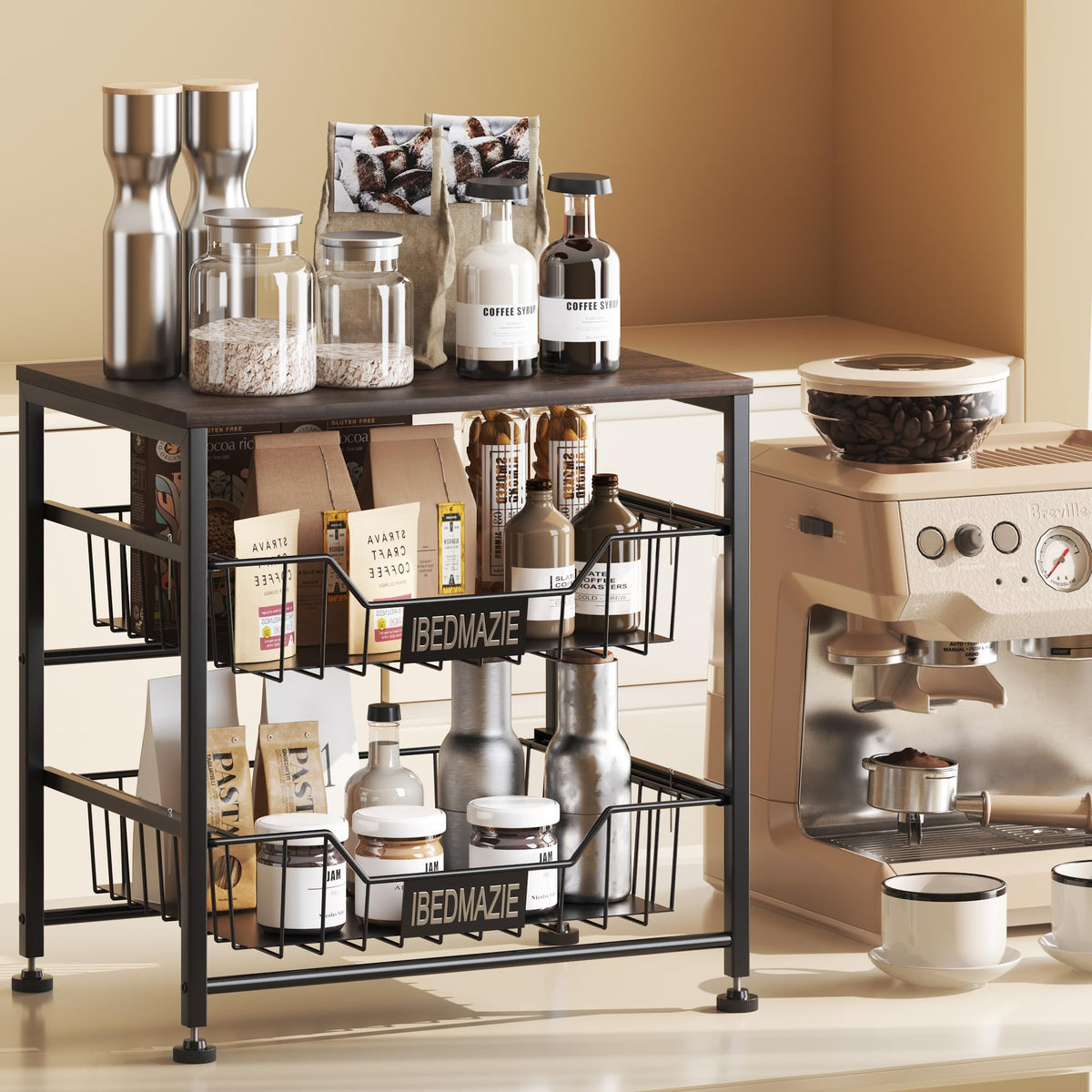 3 Tier Fruit Basket for Kitchen Metal Storage Organizer with Drawers