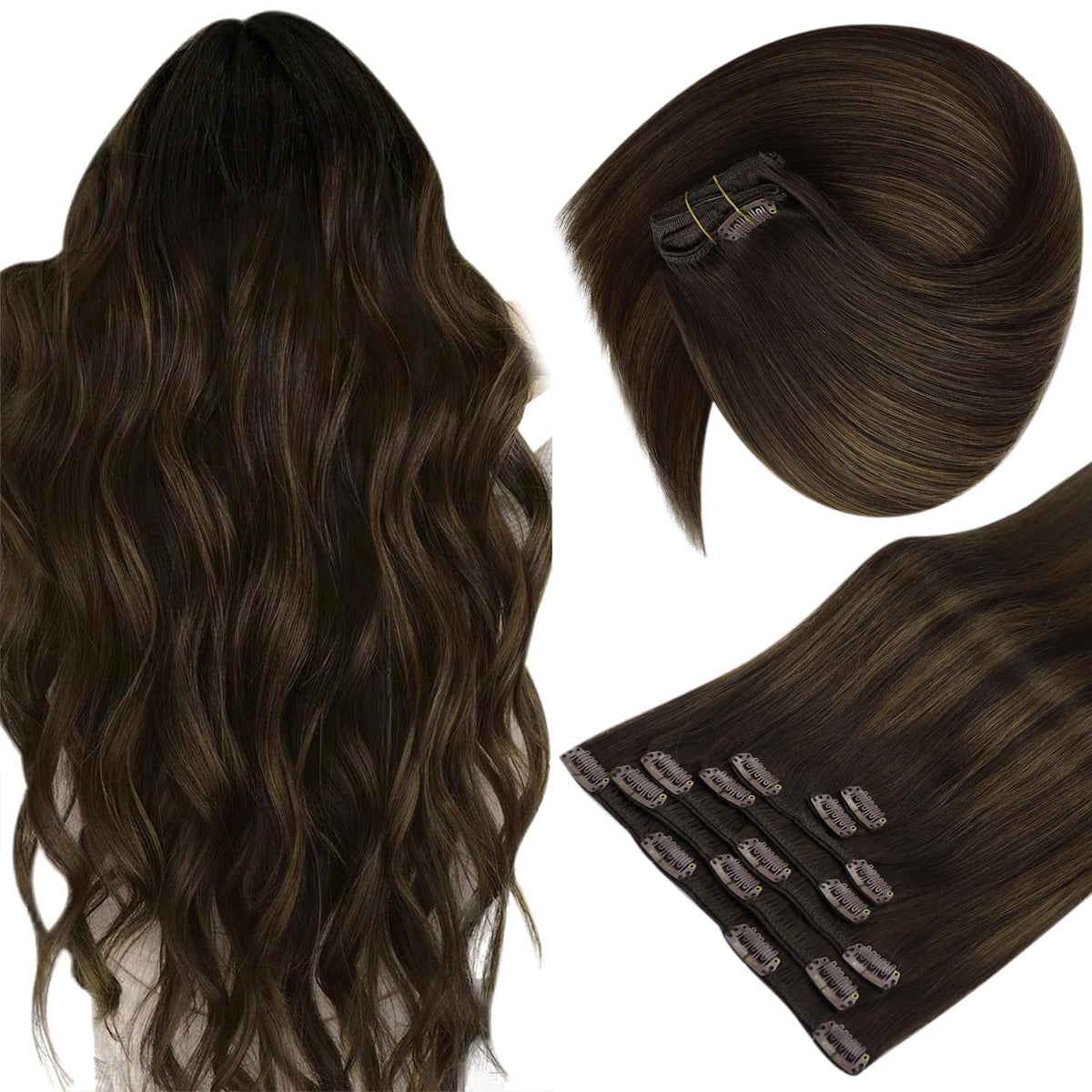 Sunny Clip In Extensions Human Hair Brown Human Hair Clip In Extensions Dark Brown Balayage Medium Brown Clip In Hair Piece Exte
