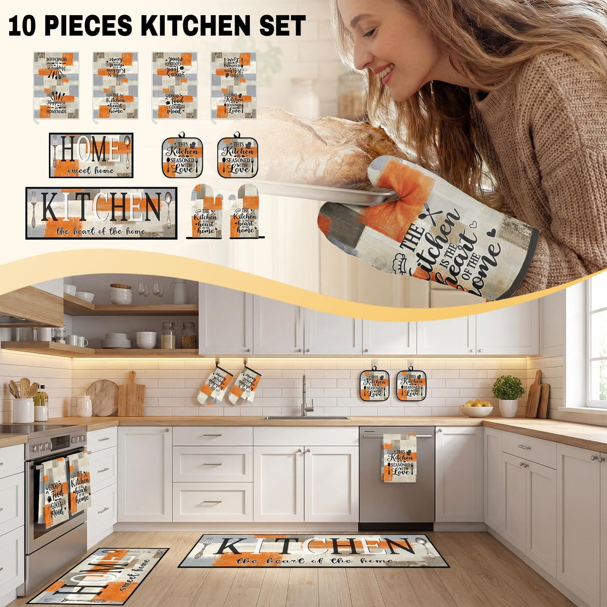 Nesphy Kitchen Decor and Accessories Set of 10, Orange Beige