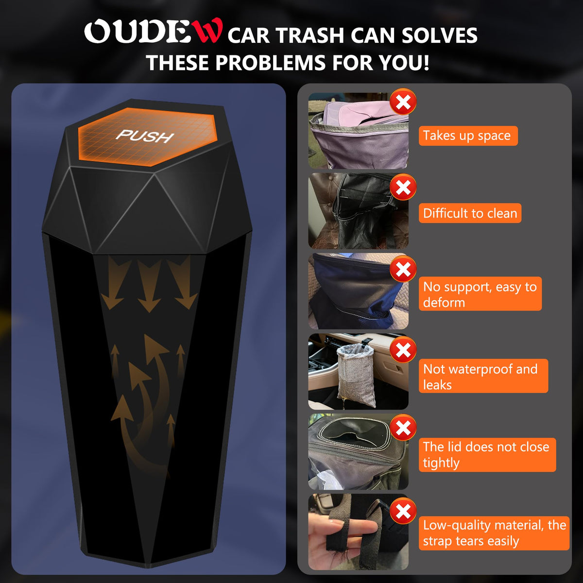 OUDEW Car Trash Can with Lid, Leakproof, 30 Trash Bags, Black, 2 Pack