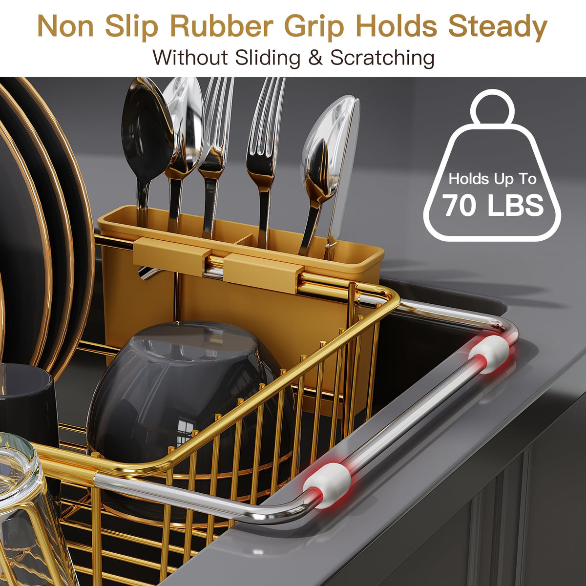JASIWAY Gold Dish Drying Rack in Sink, Dish Drainer with Utensil Holder