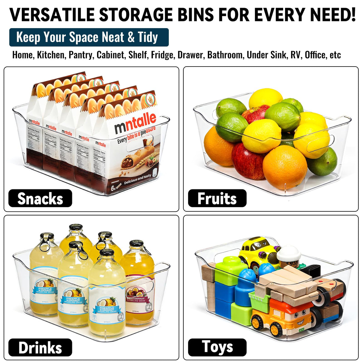 12 PACK Multi-Use Clear Storage Bins, Pantry Kitchen Cabinet Organizer Bins