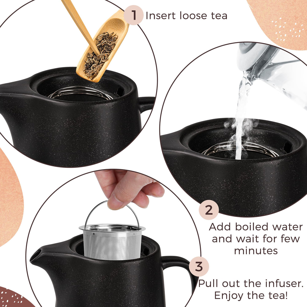 Happy Lemuro Ceramic Teapot with Infuser - 40 oz Large Teapot with Strainer - Tea Pot Ceramic for Loose Tea - Ceramic Tea Pots for Tea