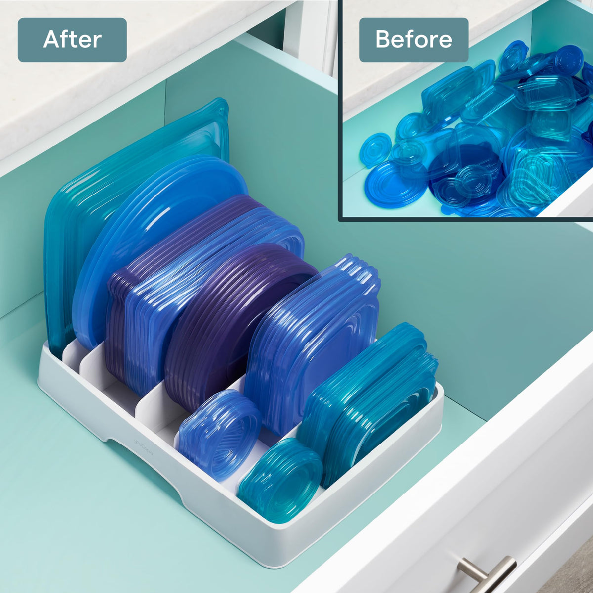 YouCopia StoraLid Food Container Lid Organizer for Kitchen Cabinet Storage with 5 Adjustable Dividers, 10.5''D × 13.4''W × 3.3''H, Large Classic Edition, White