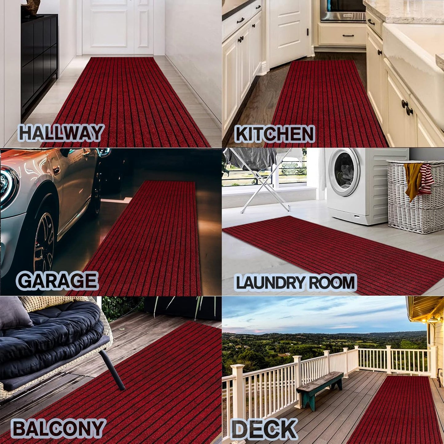 Custom Size Backed Non-Slip Area Rugs Runner, Easy Clean, Waterproof Runner Rugs for Hallway Entryway, Kitchen, Laundry, 3FT x 68FT, Red Stripe