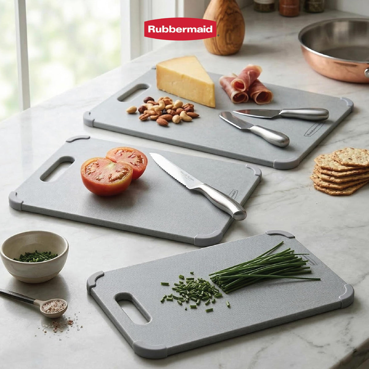 Rubbermaid 3pc Reversible Wheat Fiber Cutting Board Set | BPA Free Non Toxic Cutting Boards for Kitchen – Dishwasher Safe, Non-Slip Corners & Lightweight | For Meat, Veggies & Fruits