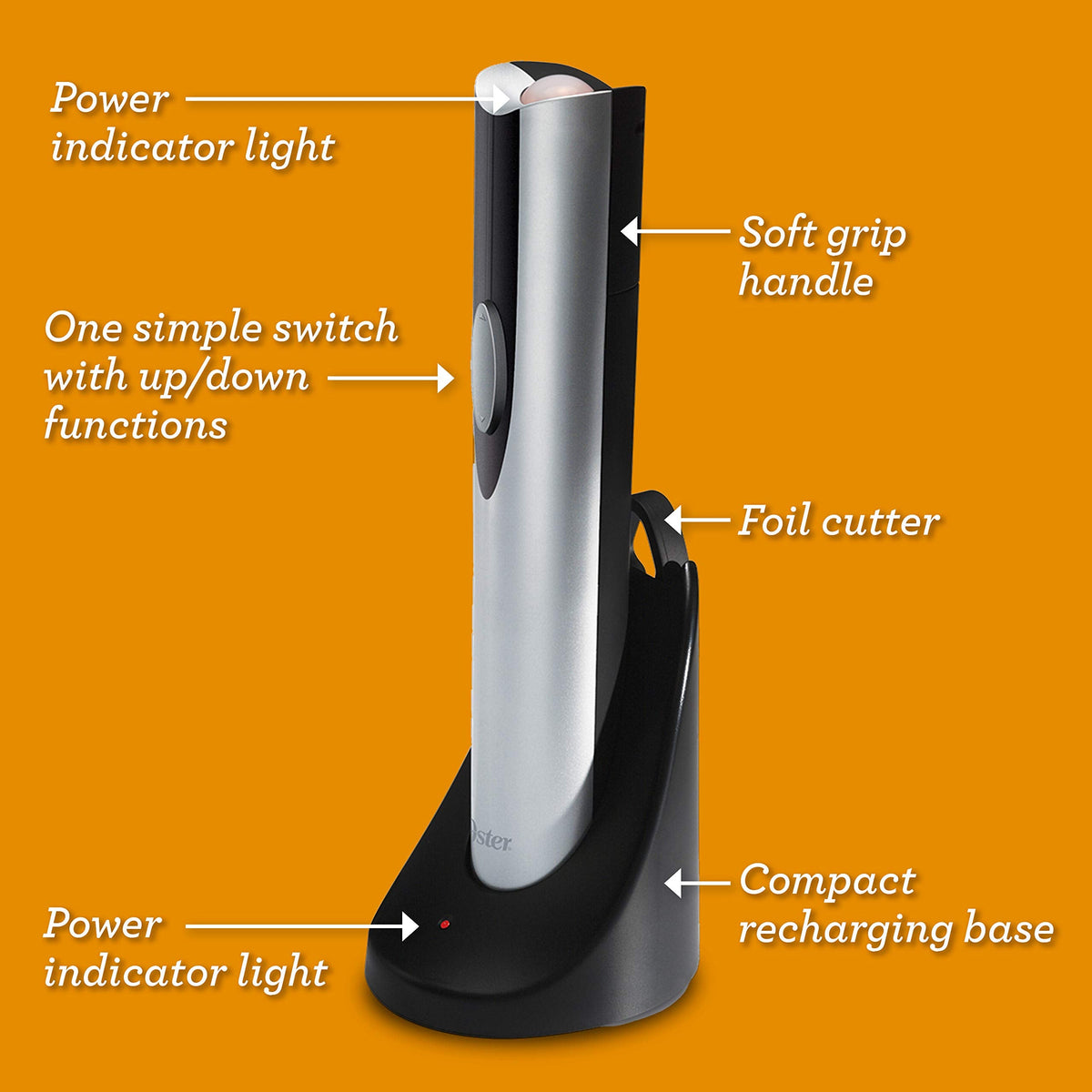 Oster Cordless Electric Wine Bottle Opener with Foil Cutter, Silver