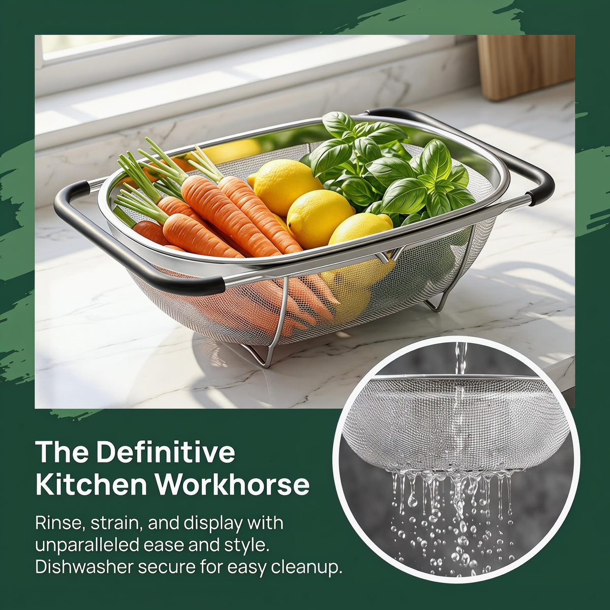 Suwimut 2 Pack Over the Sink Oval Colander for Kitchen, Stainless Steel Fine Mesh 6 Quart Strainer Basket with Expandable Rubber Grip Handles for Straining, Draining, Rinsing Fruits, Vegetables
