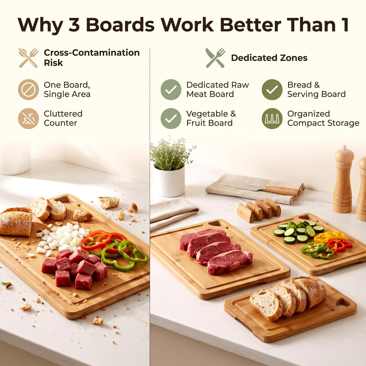 3-Piece Bamboo Cutting Board Set with Holder, Juice Groove for Kitchen Prep