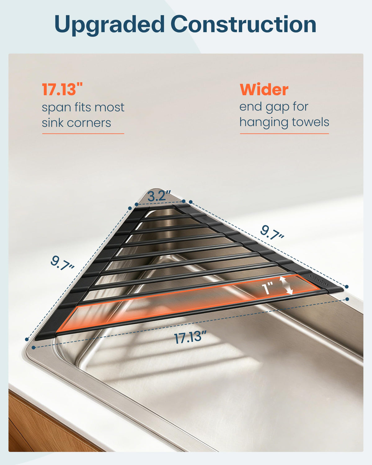 Ohuhu Corner Sink Caddy, Sponge Holder for Kitchen Sink Organizer - Silicone Wrapped Steel Anti Slip Rust Triangle Over the Sink Roll-UP Dish Drying Rack for Sink Corner Kitchen Sink Accessories