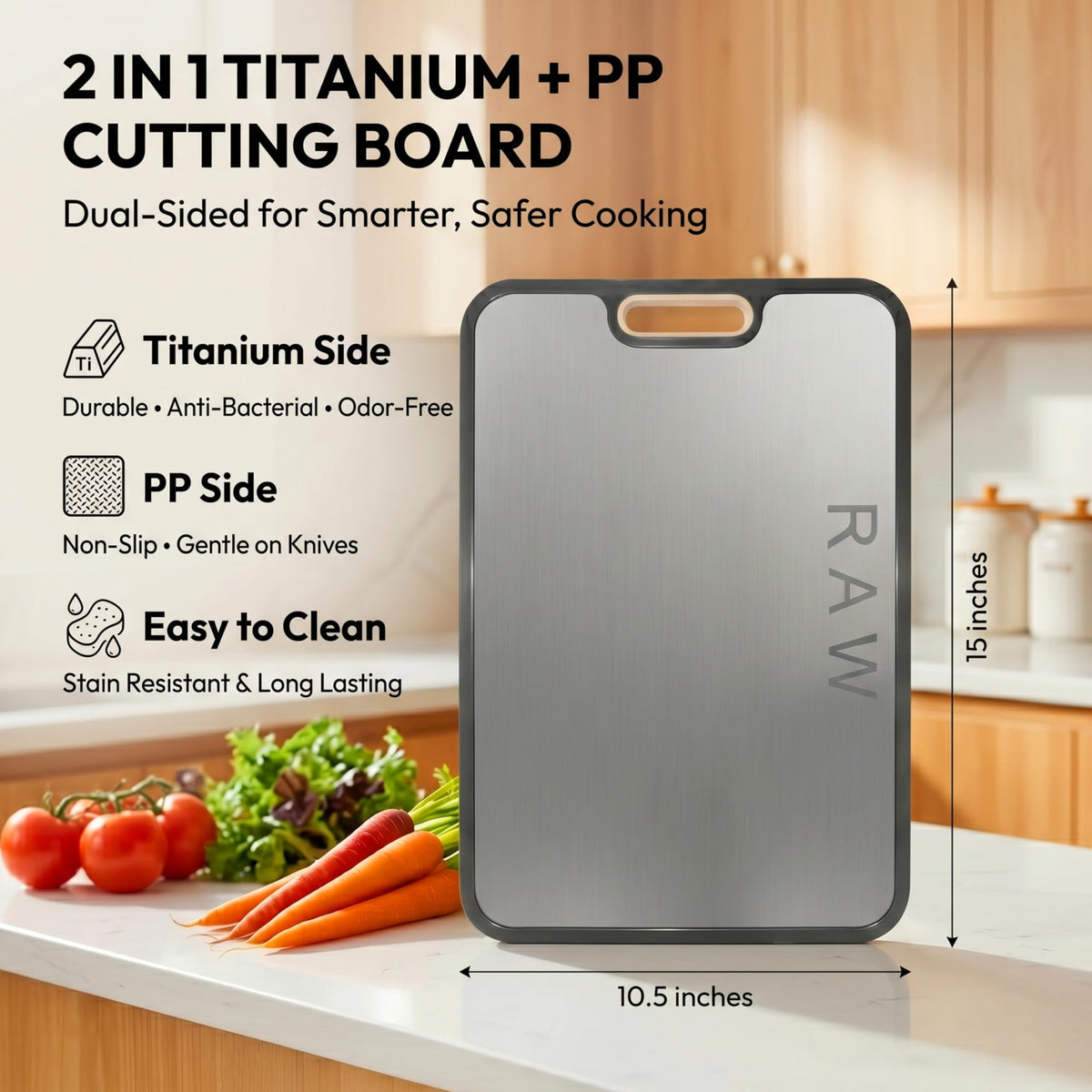ELK DESIGNS Titanium Cutting Board - Double Sided Food Grade Chopping Board For Kitchen - Pure Titanium/PP, Non Porous Odor Resistant Cutting Board for Meat, Vegetables & Fruits, Large Size