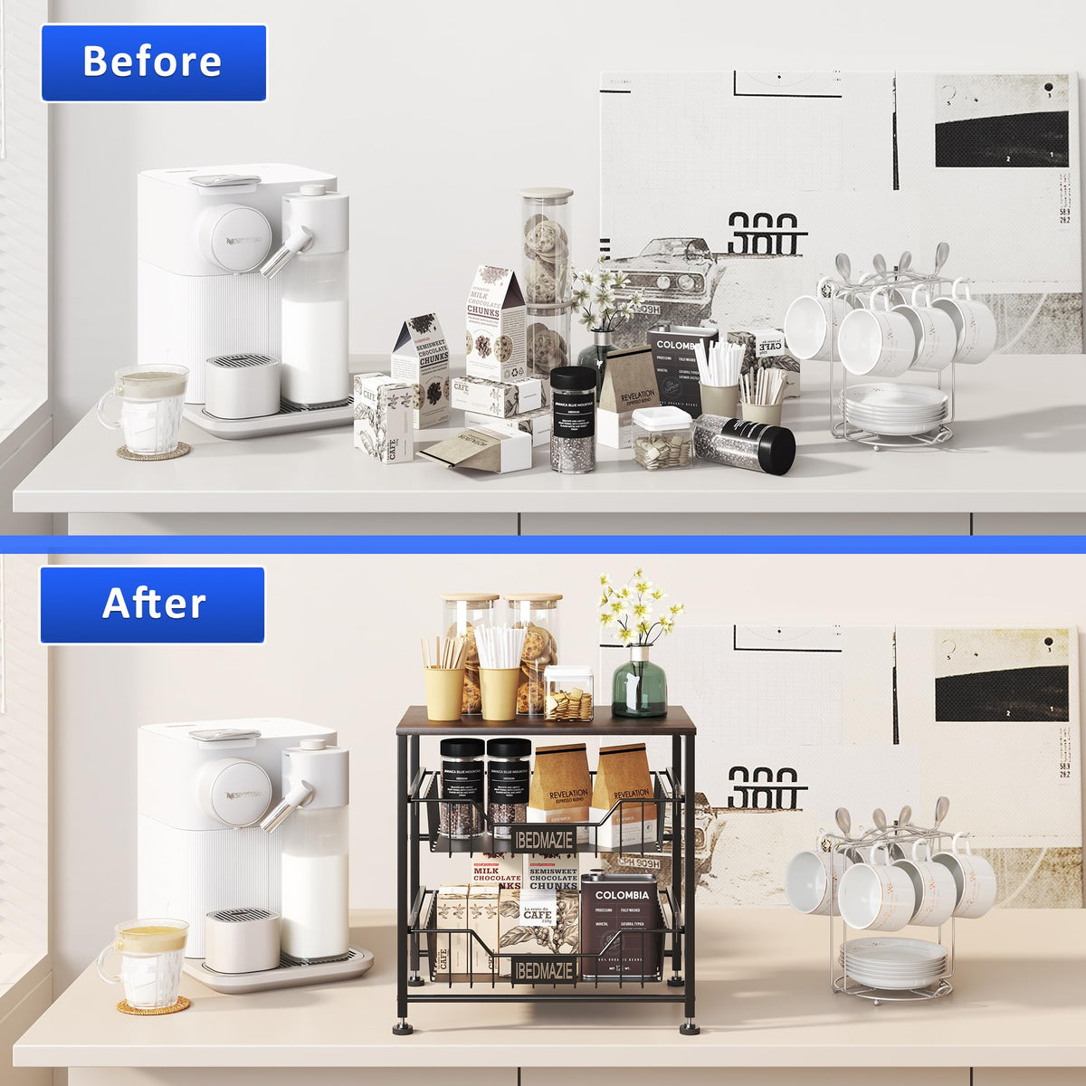 3 Tier Fruit Basket for Kitchen Metal Storage Organizer with Drawers