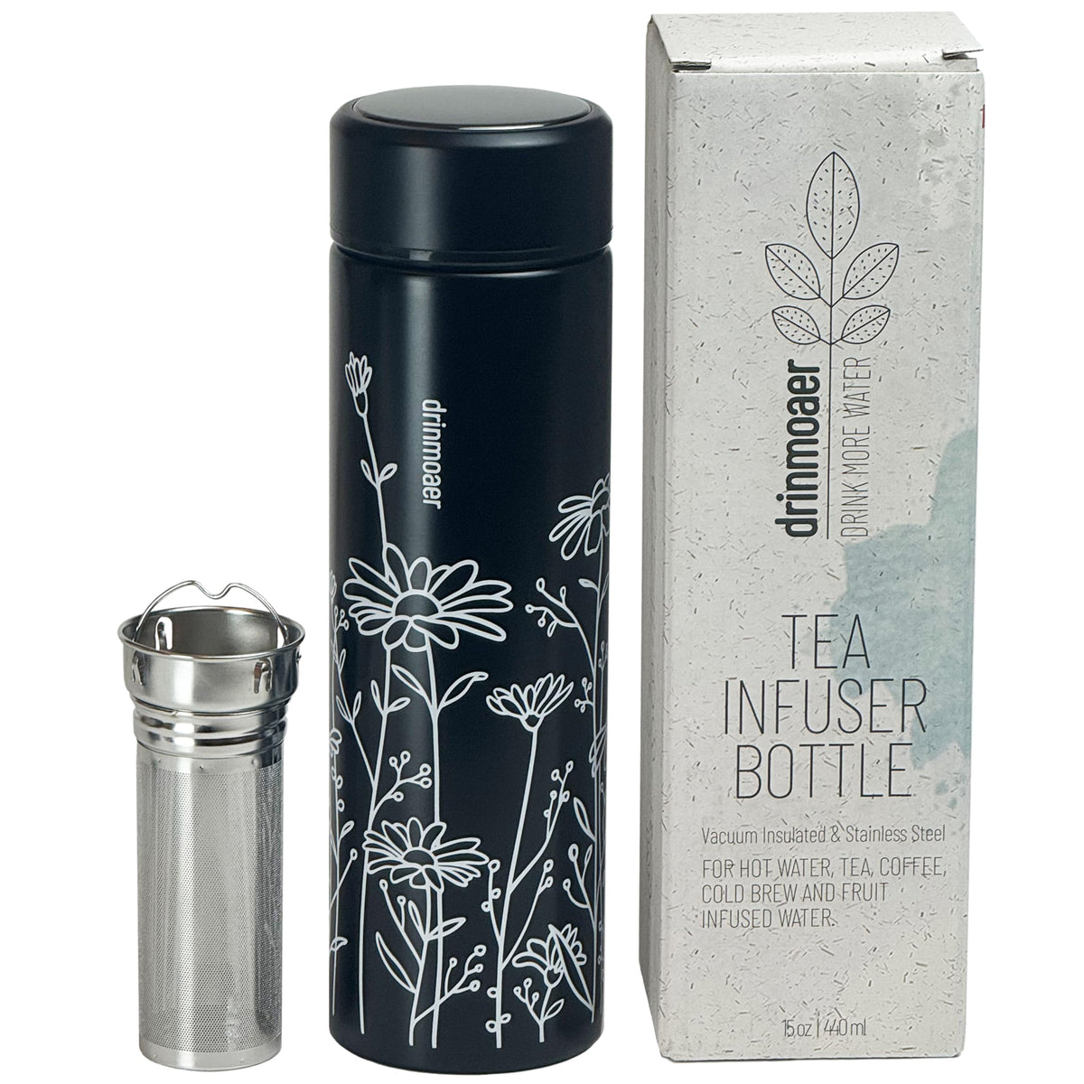 drinmoaer Tea Thermos with Infuser for Hot and Cold Infusions - Stainless Steel - Tea Infuser Bottle - Leakproof Travel Mug with Filter - 15oz - Black