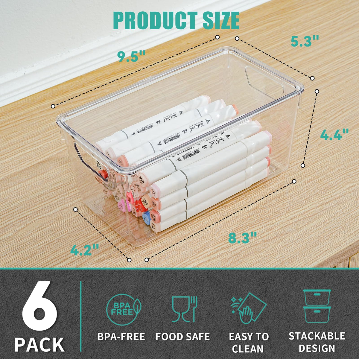 6 Pack Small Clear Storage Bins with Lids, Plastic Arts and Craft Storage Containers, Stackable Clear Plastic Craft Storage Bins with Handles for Classroom Storage Organization,Kitchen, Fridge, Office