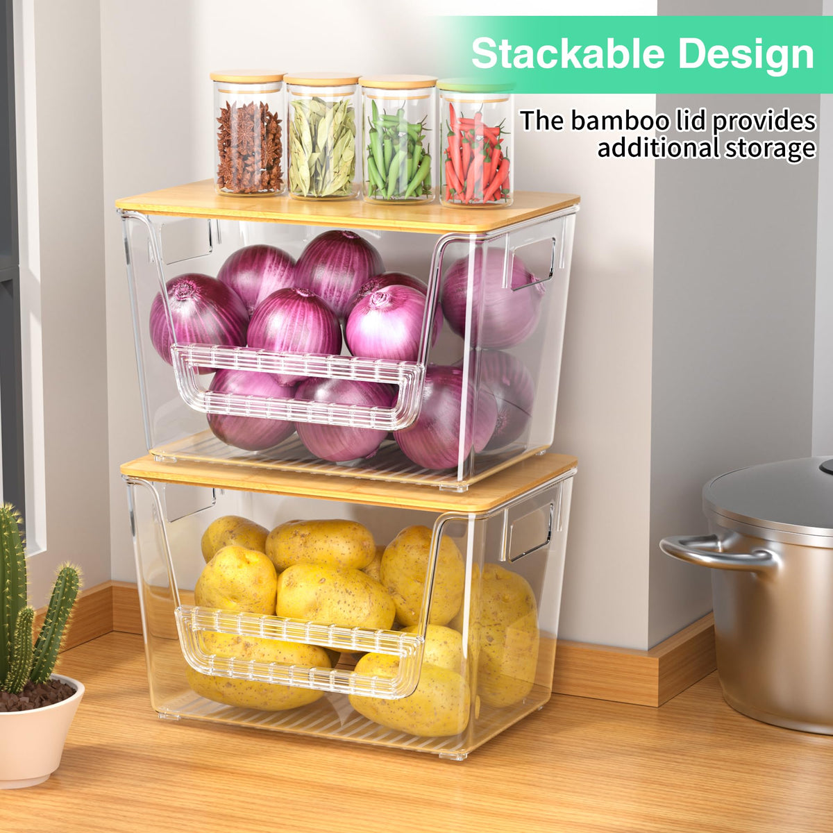 Wrrlors 2 Pack Pantry Organizers,Clear Onion Storage Bins with Bamboo Lids