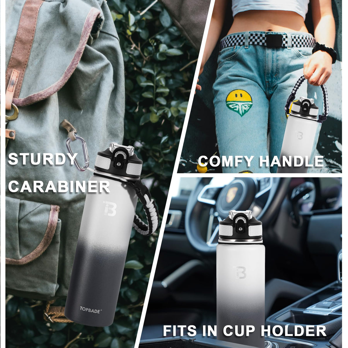 TOPBADE 24oz Insulated Sports Water Bottle with Straw & Spout Lid, Stainless Steel Water Bottle with Paracord Handle Leakproof BPA Free for gifts and school