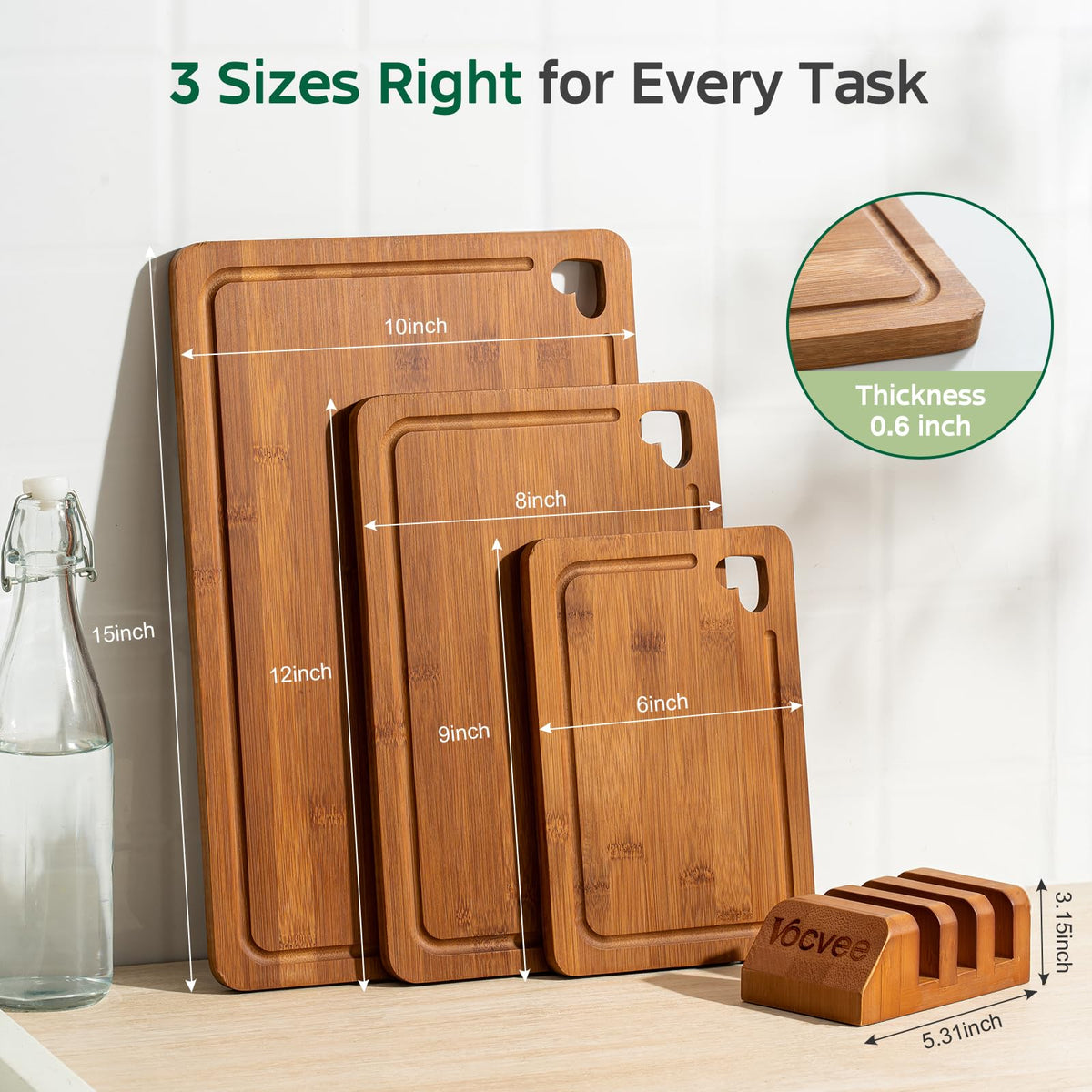 Vocvee Bamboo Cutting Boards for Kitchen(Set of 3), Wood Cutting Board with Wood Storage Stand, Charcuterie & Chopping Board for Vegetables and Meat, with Deep Juice Groove, Ideal Kitchen Gifts