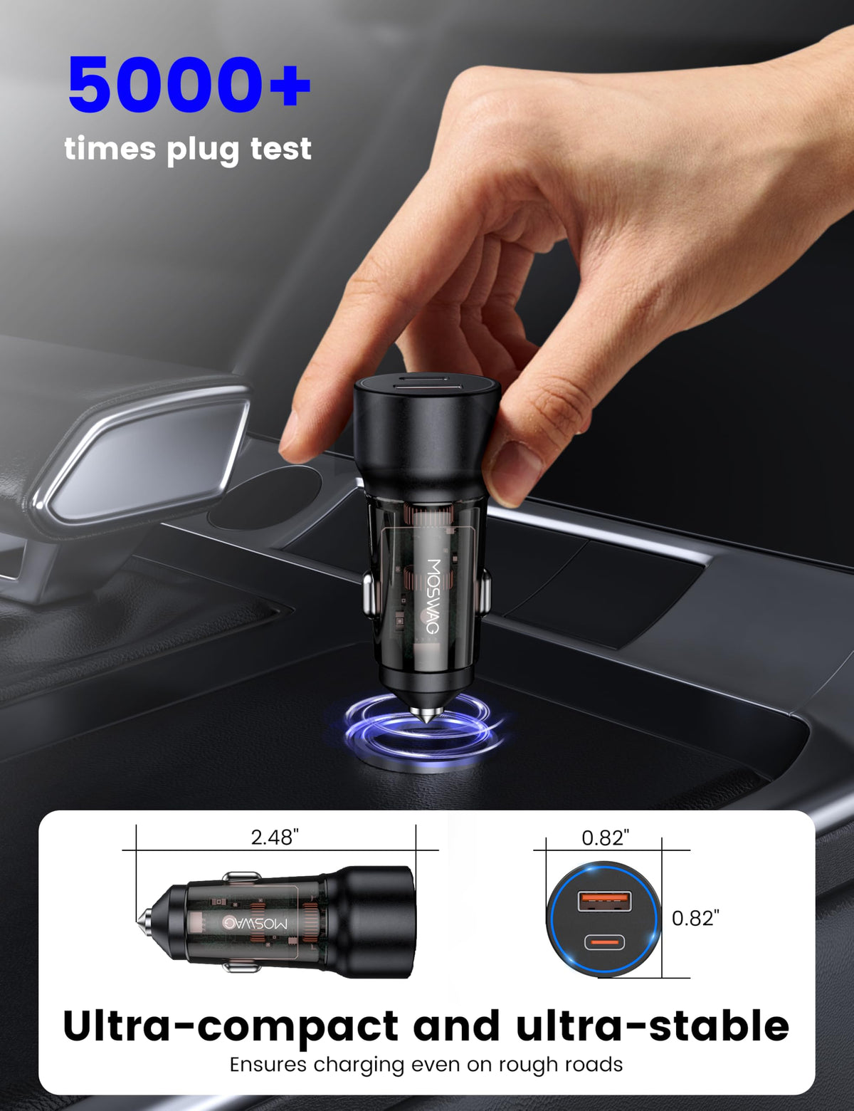 MOSWAG USB C Car Charger, 75W Mini Cigarette Lighter USB Charger
