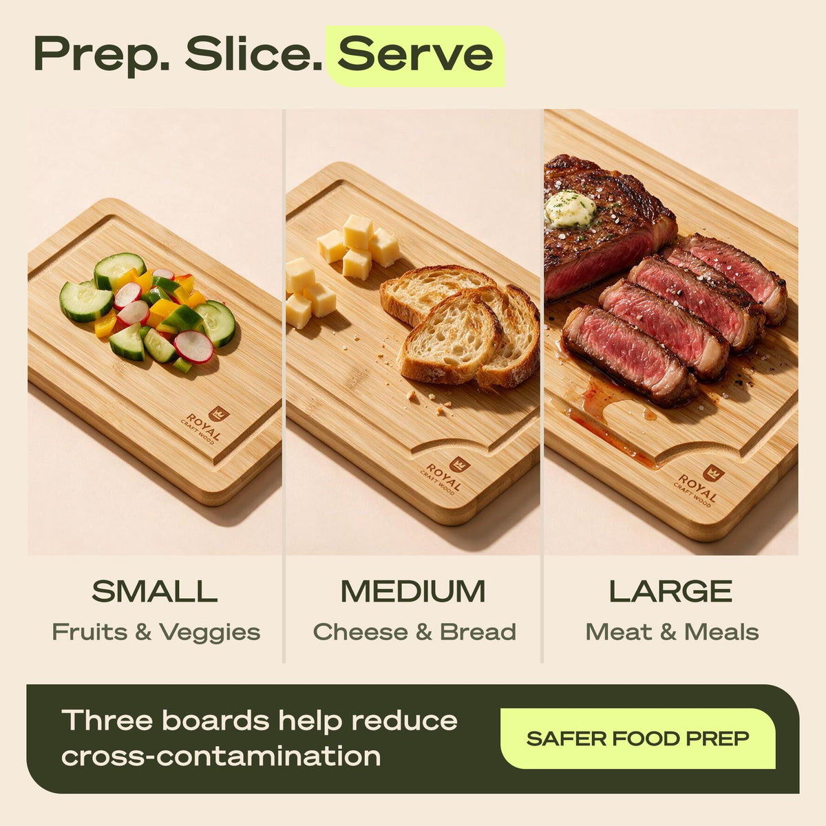 ROYAL CRAFT WOOD Wooden Cutting Boards for Kitchen Meal Prep & Serving - Bamboo Wood Serving Board Set with Deep Juice Groove Side Handles - Charcuterie & Chopping Butcher Block for Meat