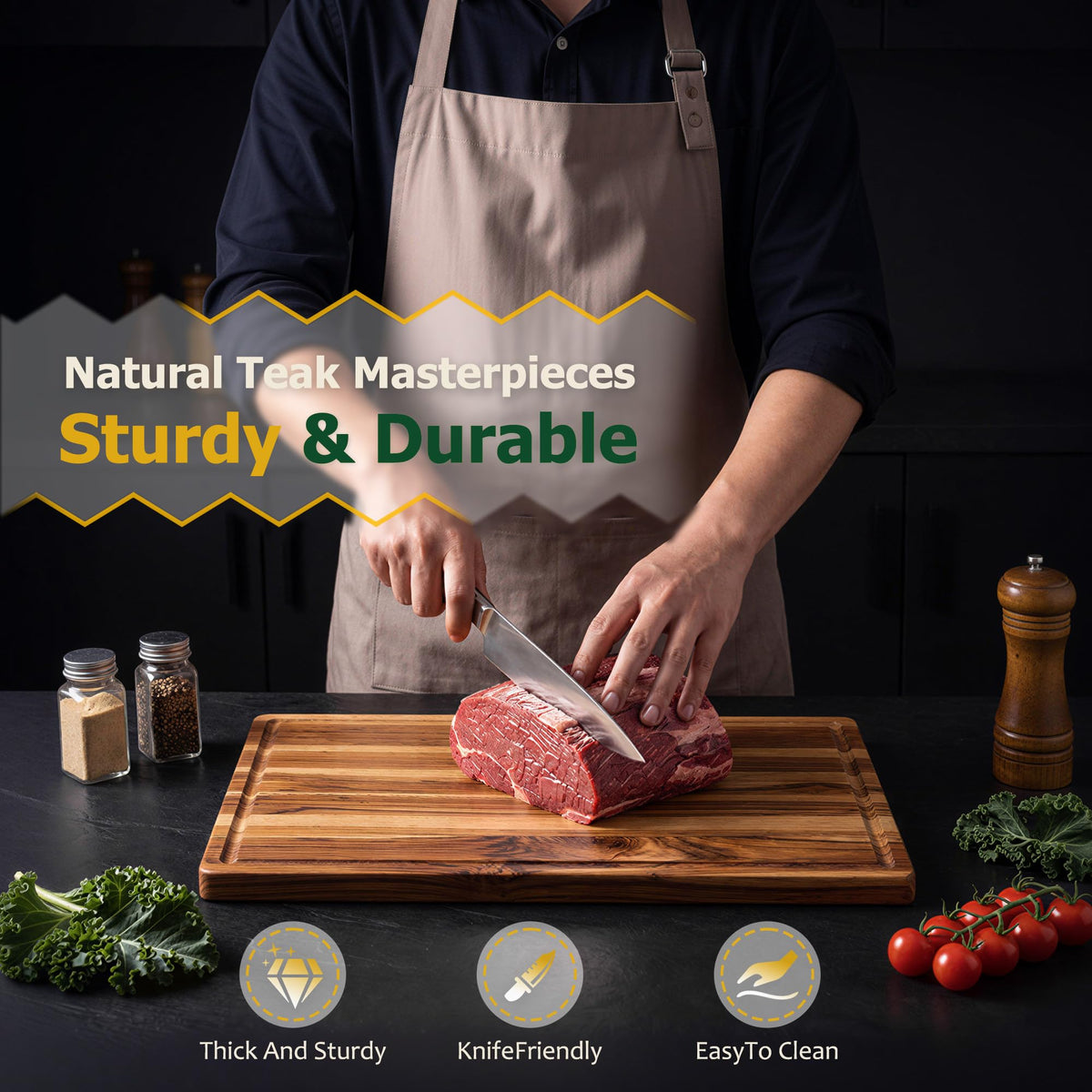 Large Teak Wooden Cutting Boards for Kitchen, Solid Wood Cutting Board Set - Charcuterie & Chopping Butcher Block for Meat - Kitchen Gadgets Gift