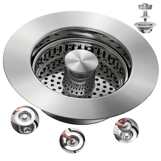 Sink Drain Strainer 3 in 1, 304 Stainless Steel Pop Up Sink Stopper, Anti-Clogging Sink Strainer, Kitchen Sink Strainer, Drain Cover and Kitchen Accessories for US Standard Sink(Silver)