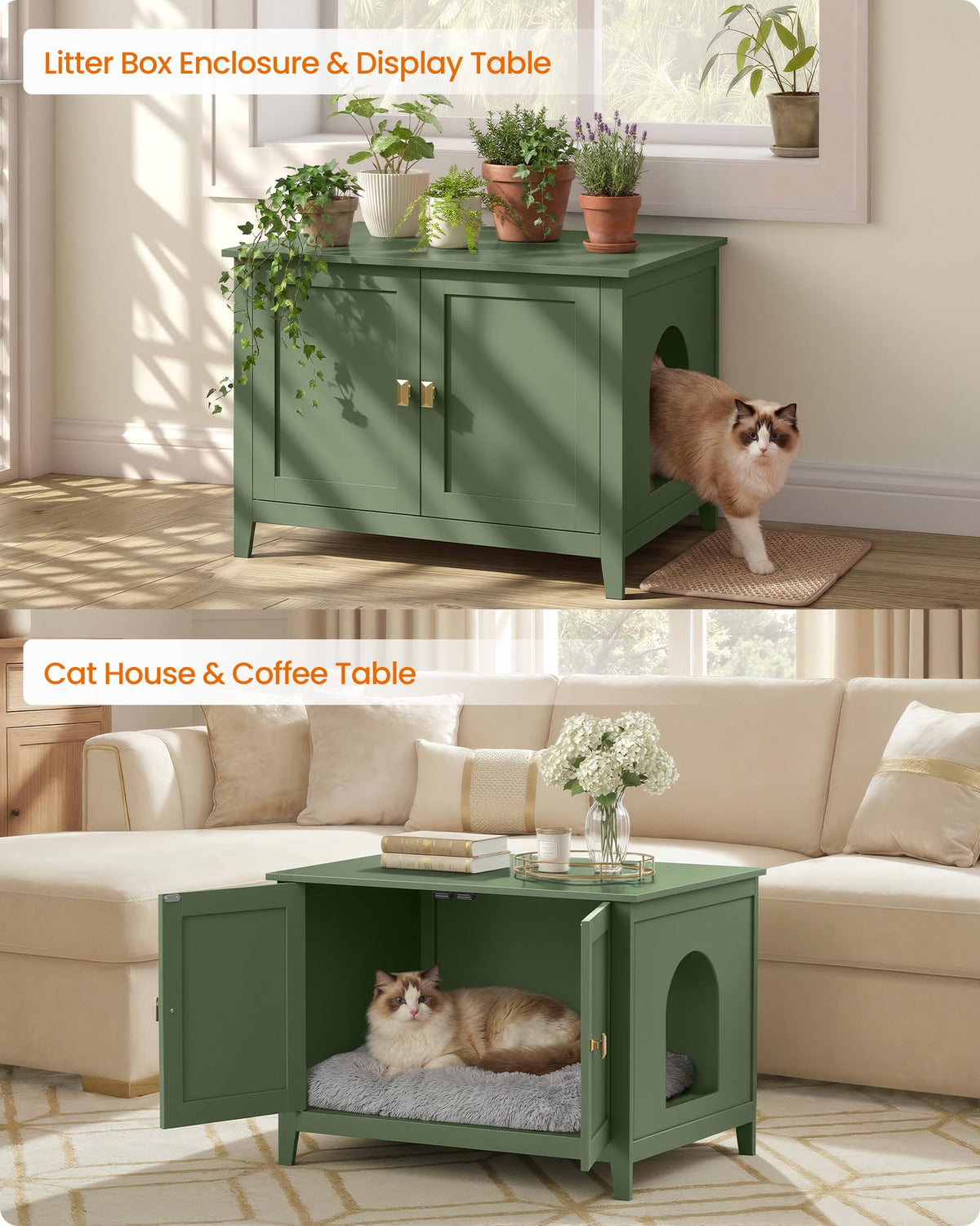 Feandrea Cat Litter Box Enclosure, Double Doors, Handles