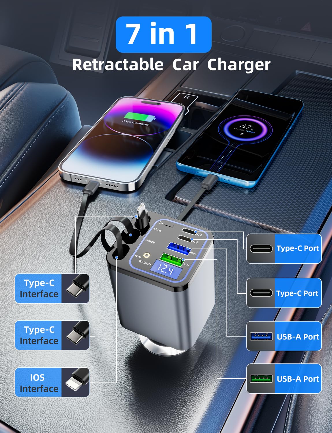 Retractable Car Charger, 7 in 1 Car Phone Charger with 3 Cords, USB C Car Charger Adapter for iPhone 17/16/15/14/13 Pro Max XR
