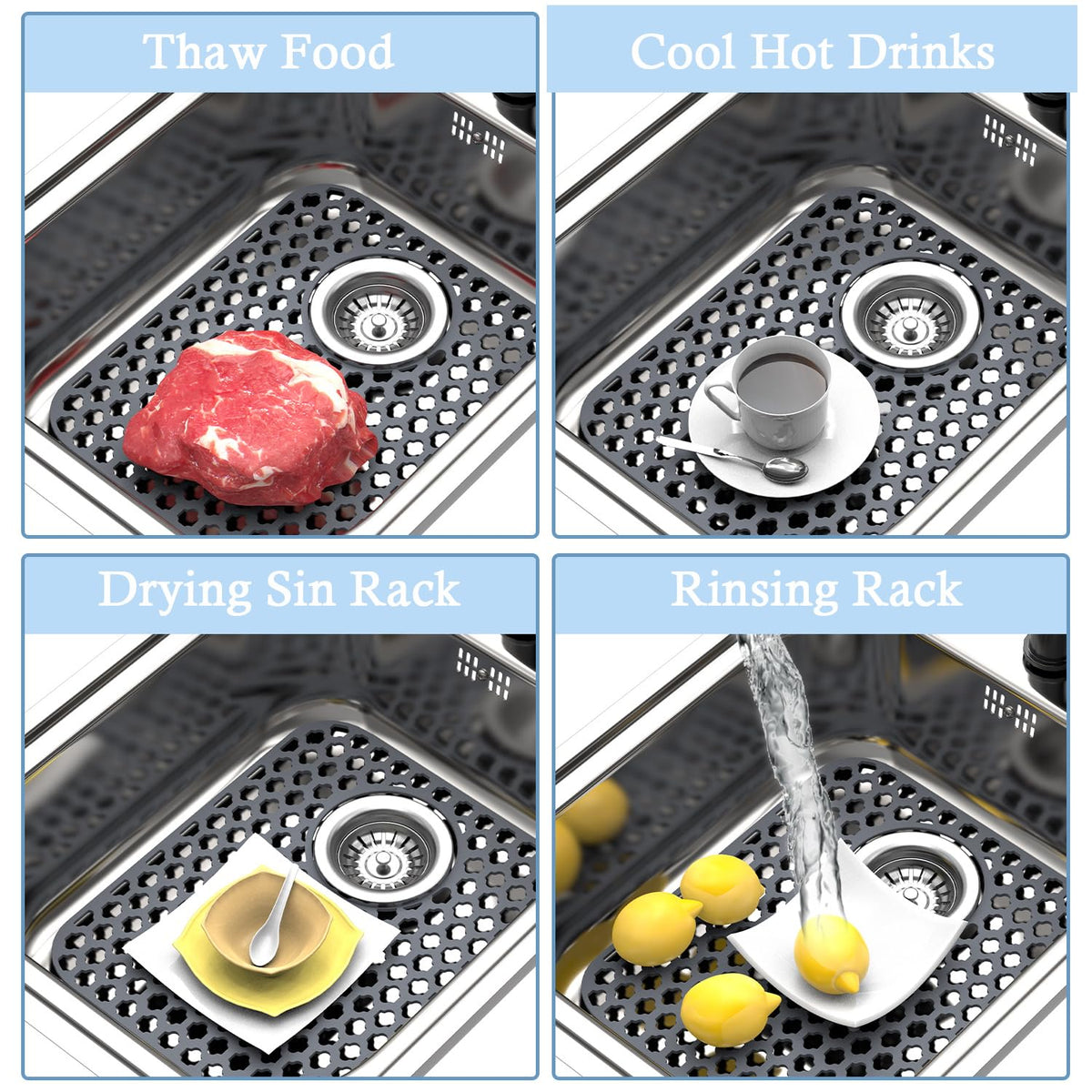 BEHOK 2 Pack Silicone Sink Protector Mat for Kitchen Sink Rear Drian Gray