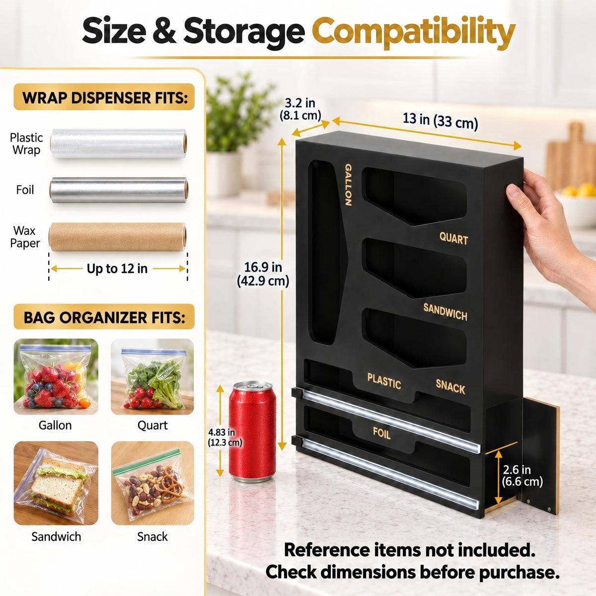 LUYABA 6 in 1 Bamboo Bag Organizer and Wrap Dispenser with Cutters, Black