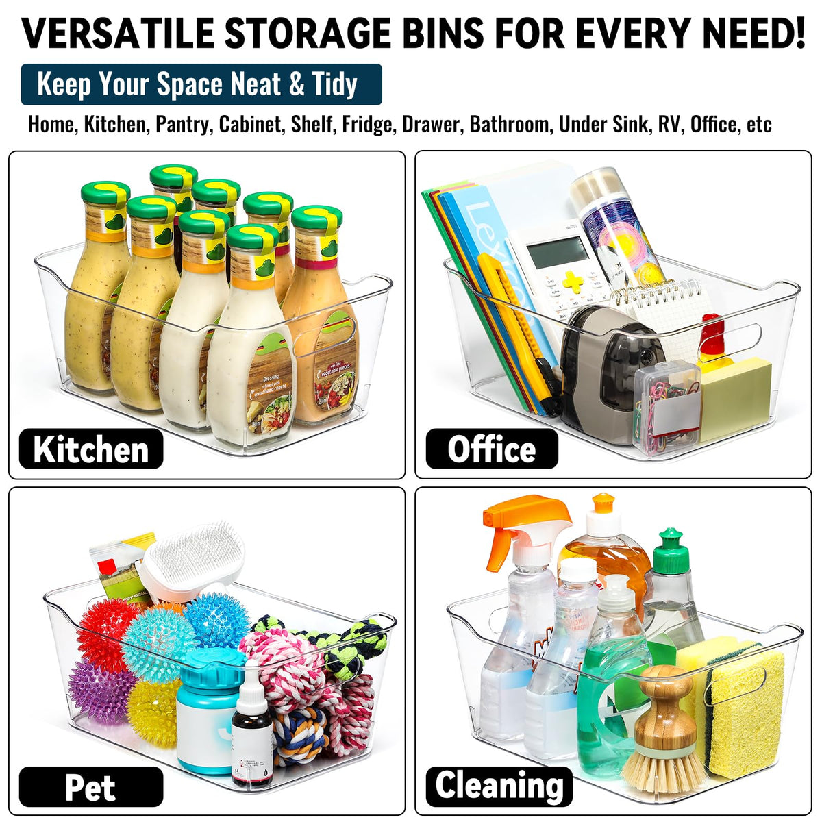 12 PACK Multi-Use Clear Storage Bins, Pantry Kitchen Cabinet Organizer Bins